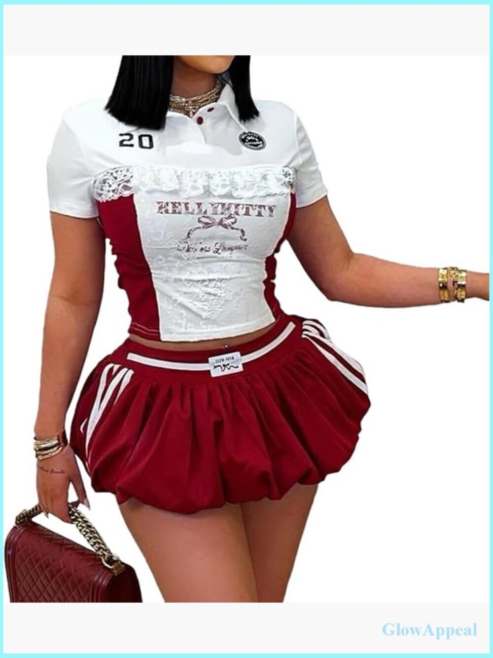 Y2K Two Piece Set with Lace Trim Crop Top and Pleated Bubble Mini Skort